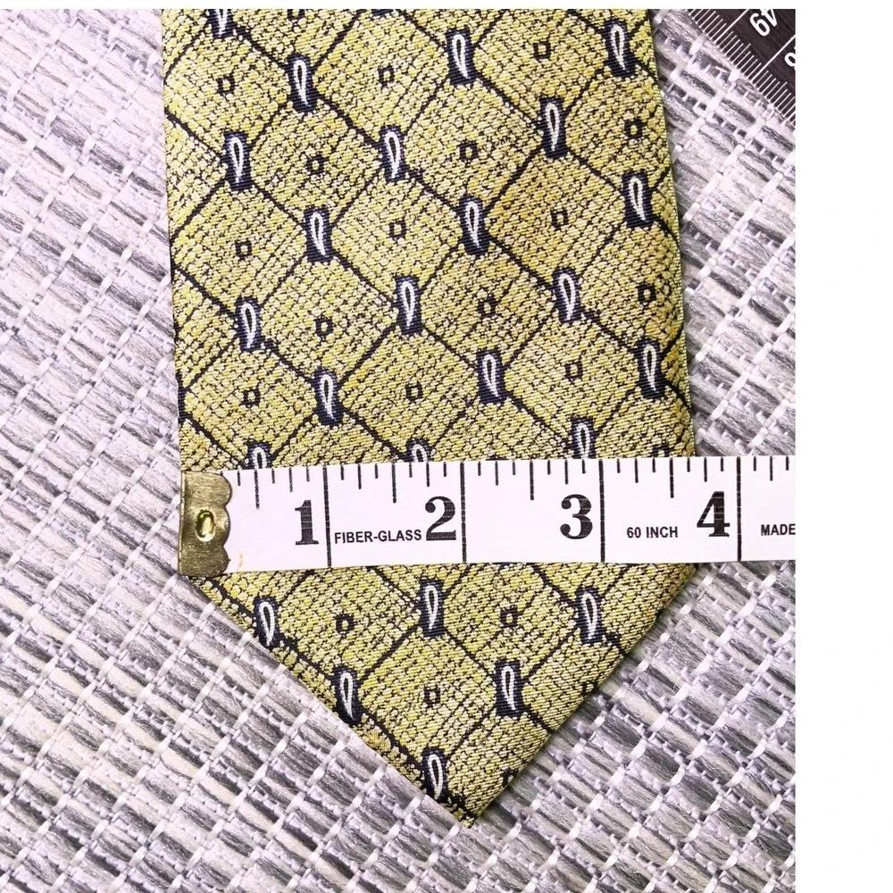 Giorgio Ferri Mens Silk Tie Yellow Paisley Geometric Grid Italy Gold Navy 58x3.7
